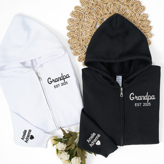 Personalized Grandpa Grandma Zip Hoodie Set With Names On Sleeves, Custom Embroidered Grandparents Matching Hoodies, Family Name Apparel Keepsake Est Year Design