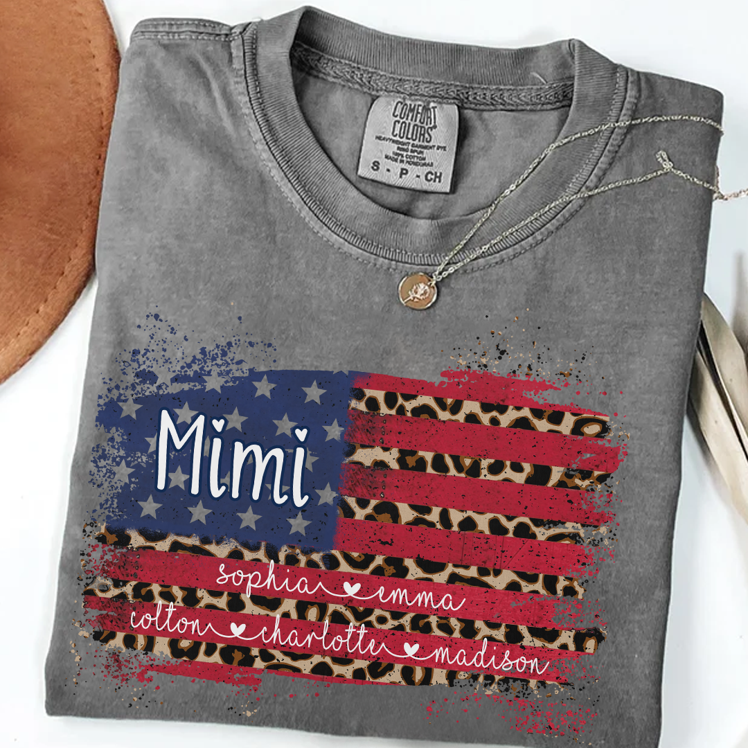 Personalized Mimi Shirt for Grandma - Leopard American Flag Tee - Custom Grandkids Names - Vintage Distressed USA Flag T-Shirt - Gift for Mimi, Nana, Gigi, Mom, Mother's Day, Birthday