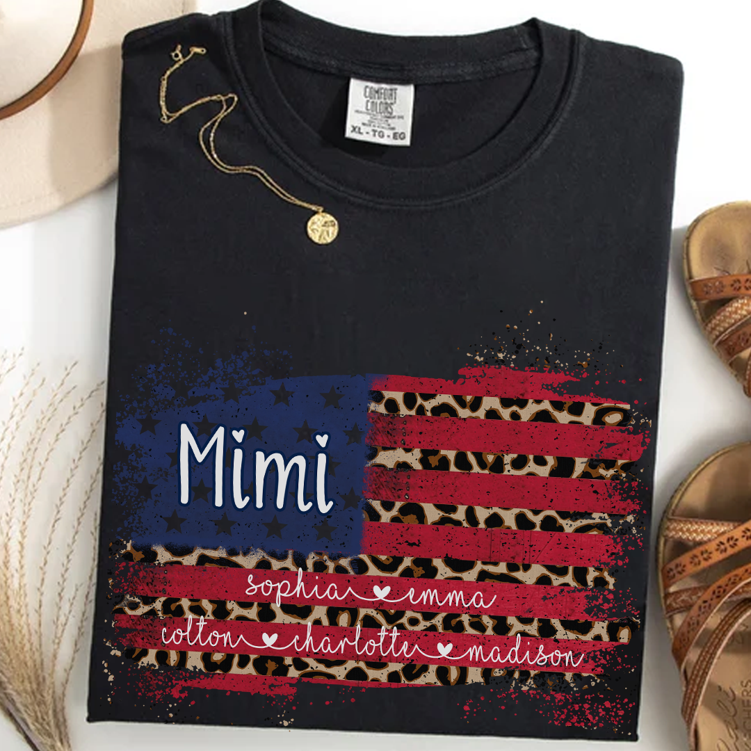 Personalized Mimi Shirt for Grandma - Leopard American Flag Tee - Custom Grandkids Names - Vintage Distressed USA Flag T-Shirt - Gift for Mimi, Nana, Gigi, Mom, Mother's Day, Birthday