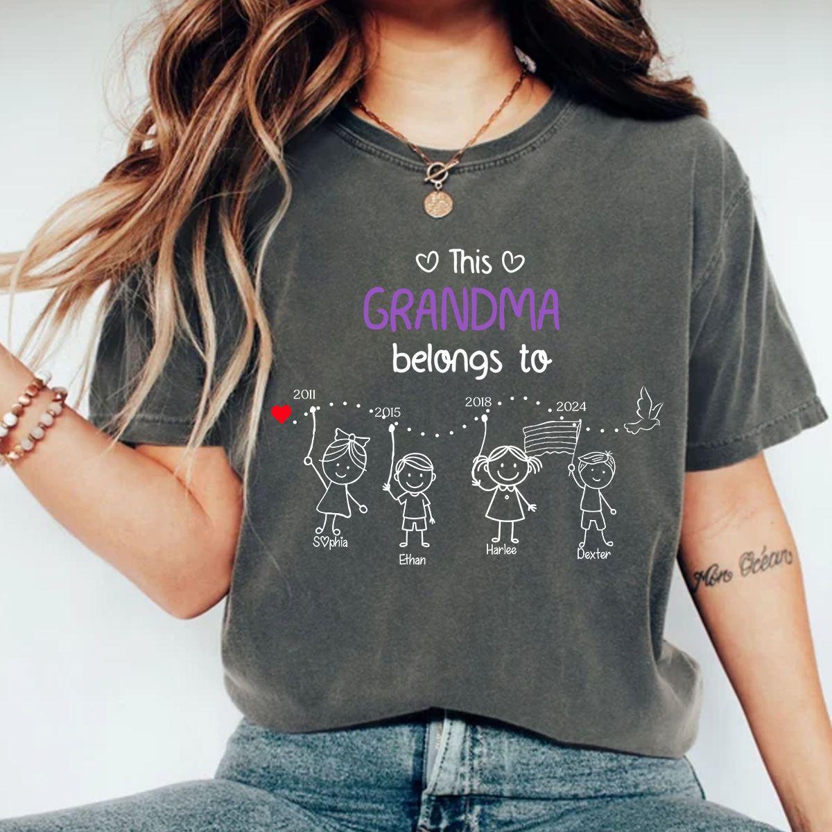 Personalized Grandma Shirt with Kids Names & Birth Years, Custom Family Timeline T-Shirt Gift