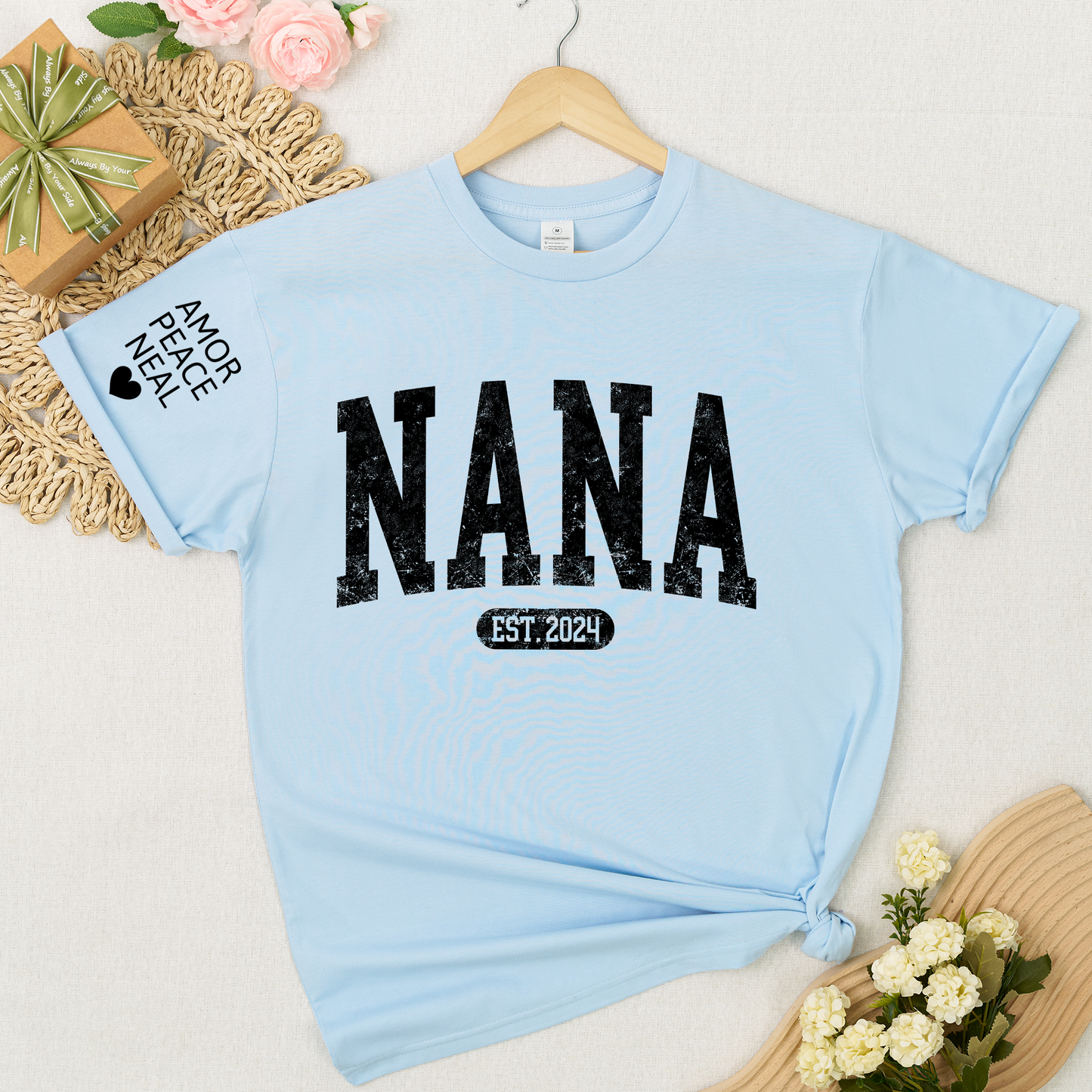 Custom Nana Shirt, Personalized Grandma Mimi Gigi T-Shirt, EST. 2024, Gift For Mother's Day, Grandmother Apparel with Amor Peace Neal Print