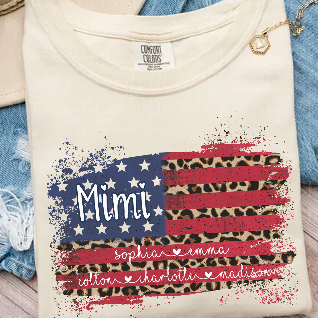 Personalized Mimi Shirt for Grandma - Leopard American Flag Tee - Custom Grandkids Names - Vintage Distressed USA Flag T-Shirt - Gift for Mimi, Nana, Gigi, Mom, Mother's Day, Birthday