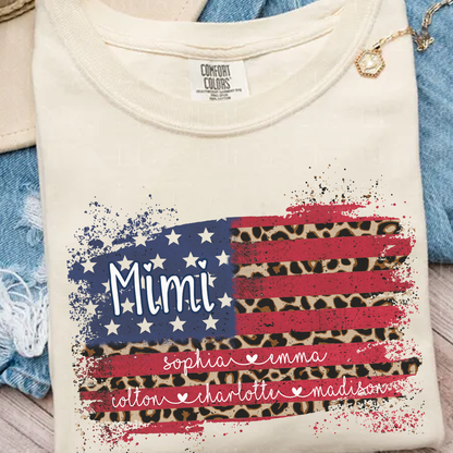 Personalized Mimi Shirt for Grandma - Leopard American Flag Tee - Custom Grandkids Names - Vintage Distressed USA Flag T-Shirt - Gift for Mimi, Nana, Gigi, Mom, Mother's Day, Birthday