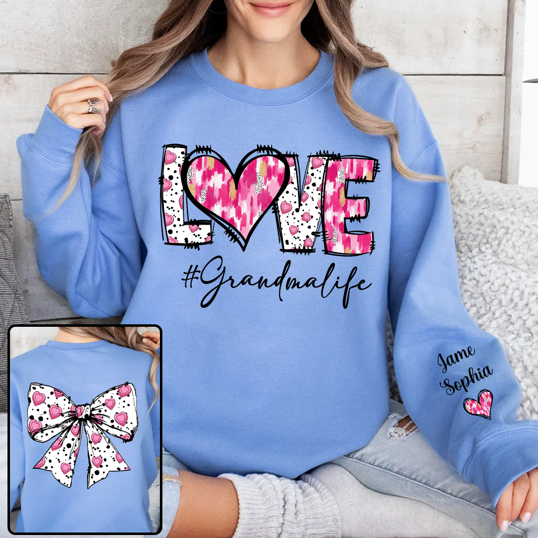 Custom LOVE Grandma Sweatshirt with Pink Heart Bow Design - Personalized with Grandkids' Names - Thoughtful Gift for Grandmothers