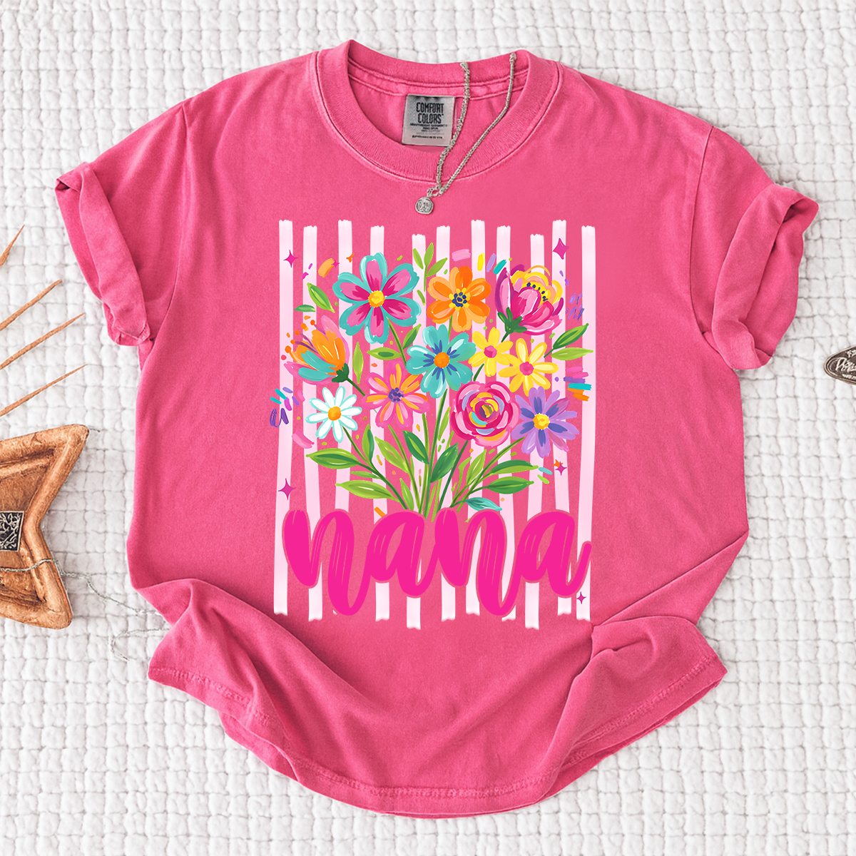 Comfort Colors® Custom Striped Wildflowers Nana Shirt, Trendy Ditsy Floral Gift for Grandma And Kids