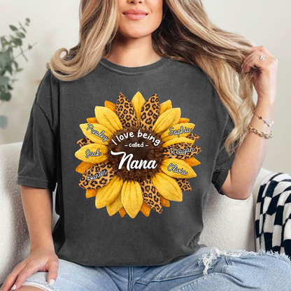 Custom Grandma Shirt, Personalized Sunflower Leopard Print Tee with Kids' Numbers, Gift for Grandma
