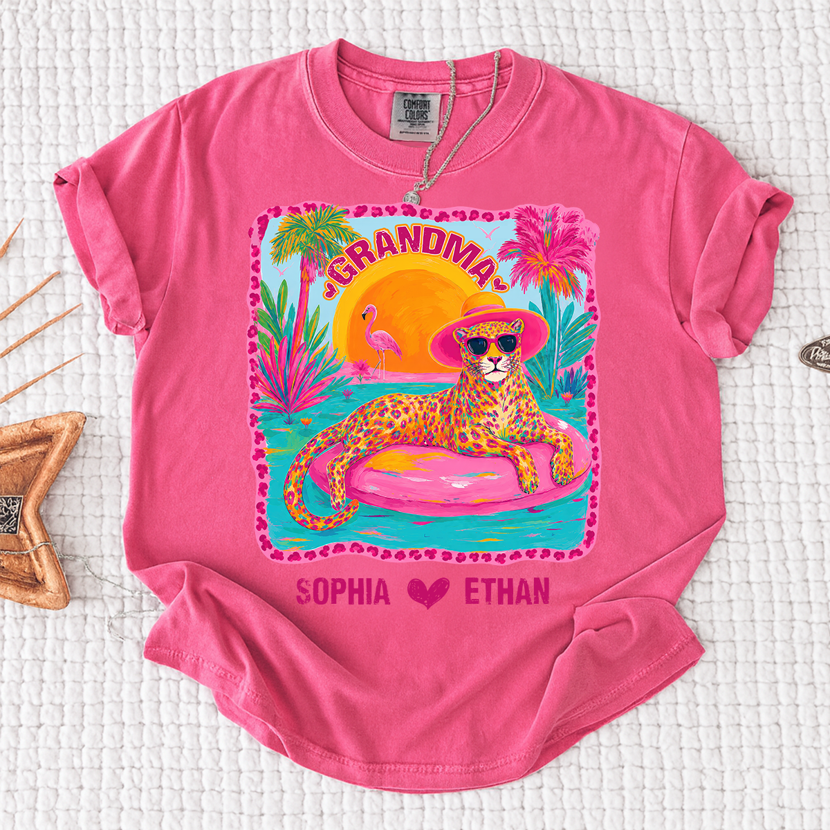 Comfort Colors® Custom Grandma Preppy Summer Gift Shirt, Gift For Grandma And Kids, Girly Beach Tee Retro Leopard Shirt Design Cute Summer Colorful Summe