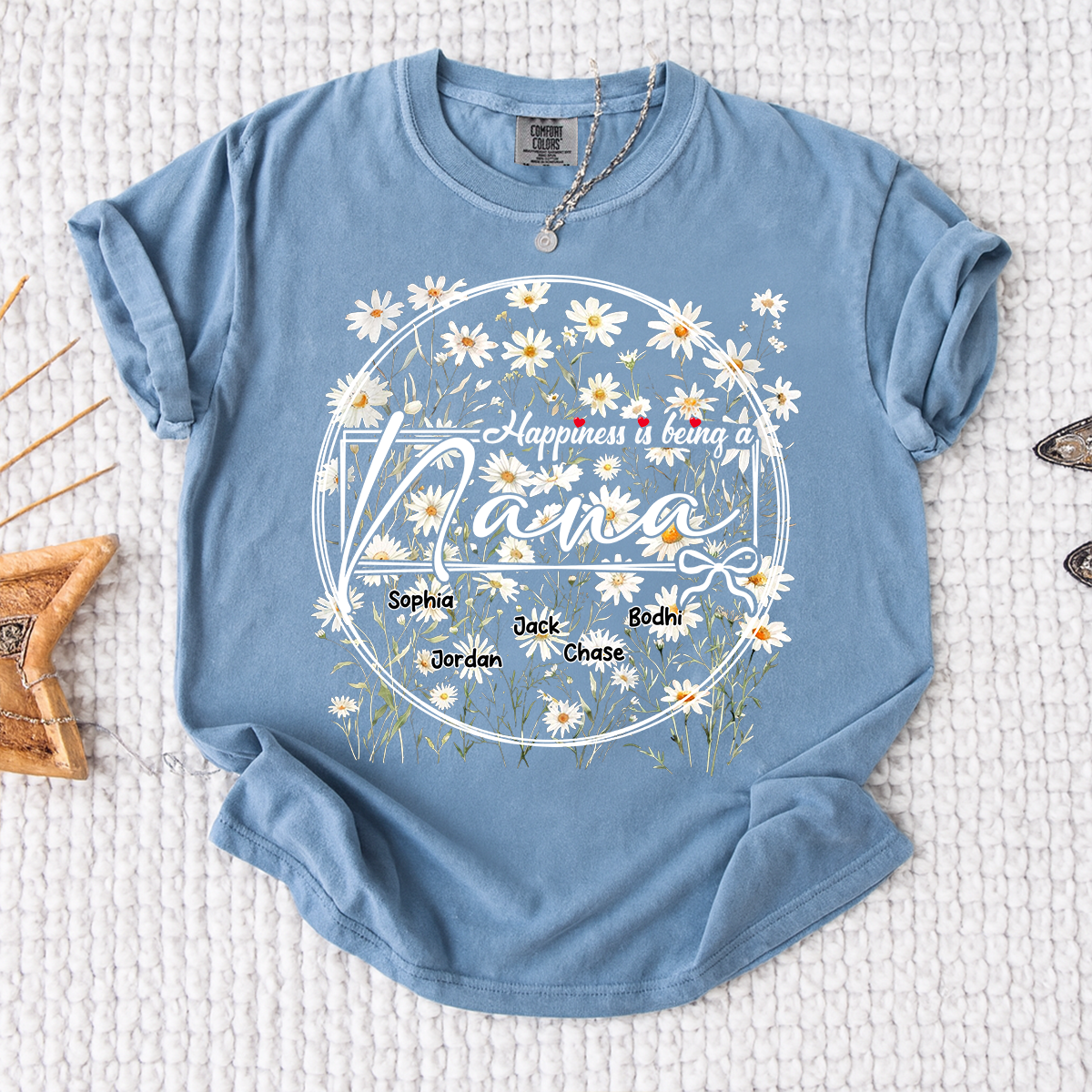 Comfort Colors® Personalized Nana Shirt with Kids' Names, Custom Floral Design, Happiness is Being a Nana