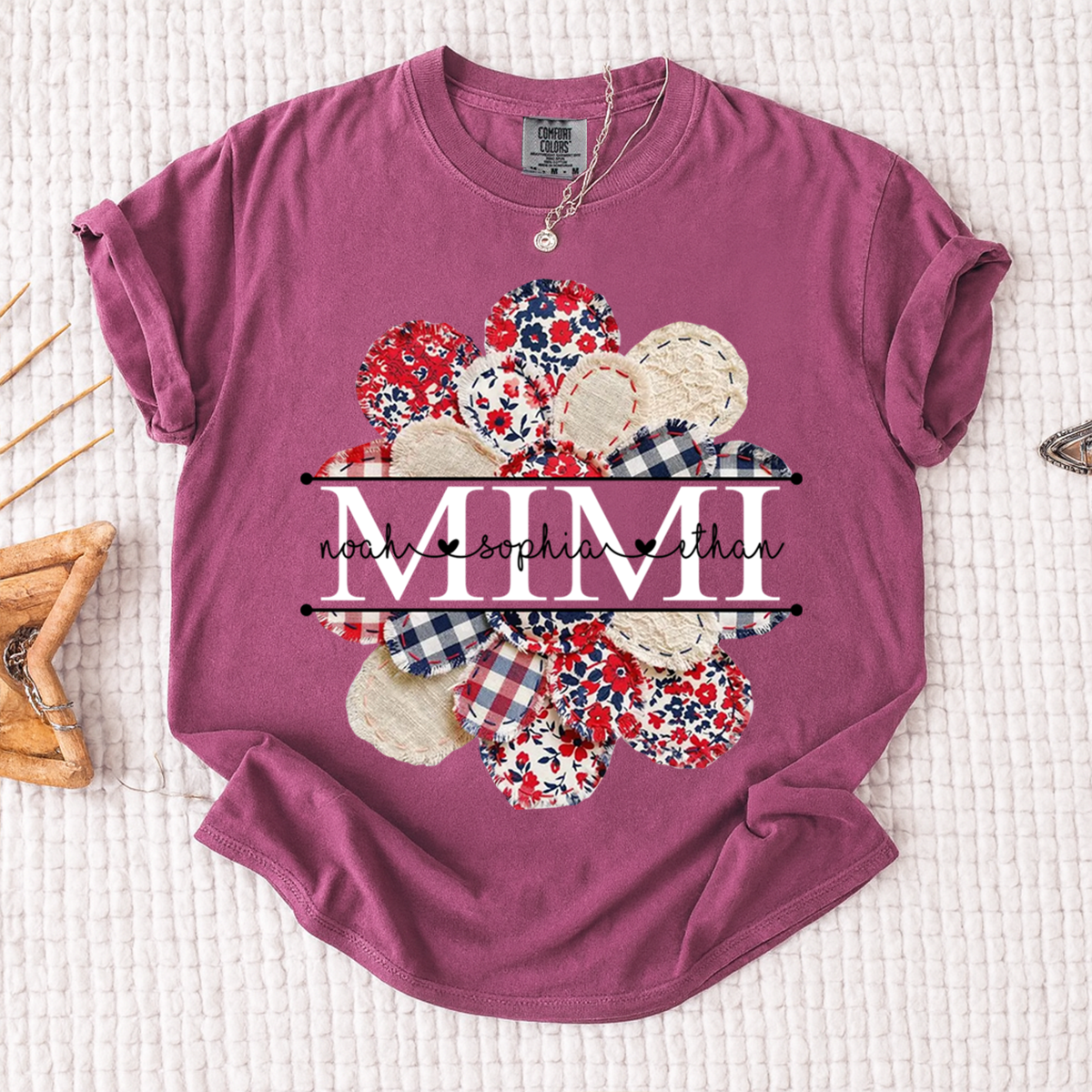 Comfort Colors Custom Mimi T-shirt with Grandkids Names, Red and Blue Floral Patchwork