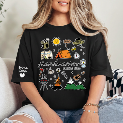 Custom Grandma Crew Camping T Shirt, Personalized Family Names Sleeve Design, Outdoor Adventure Tee for Grandma, Camp Lover Gift