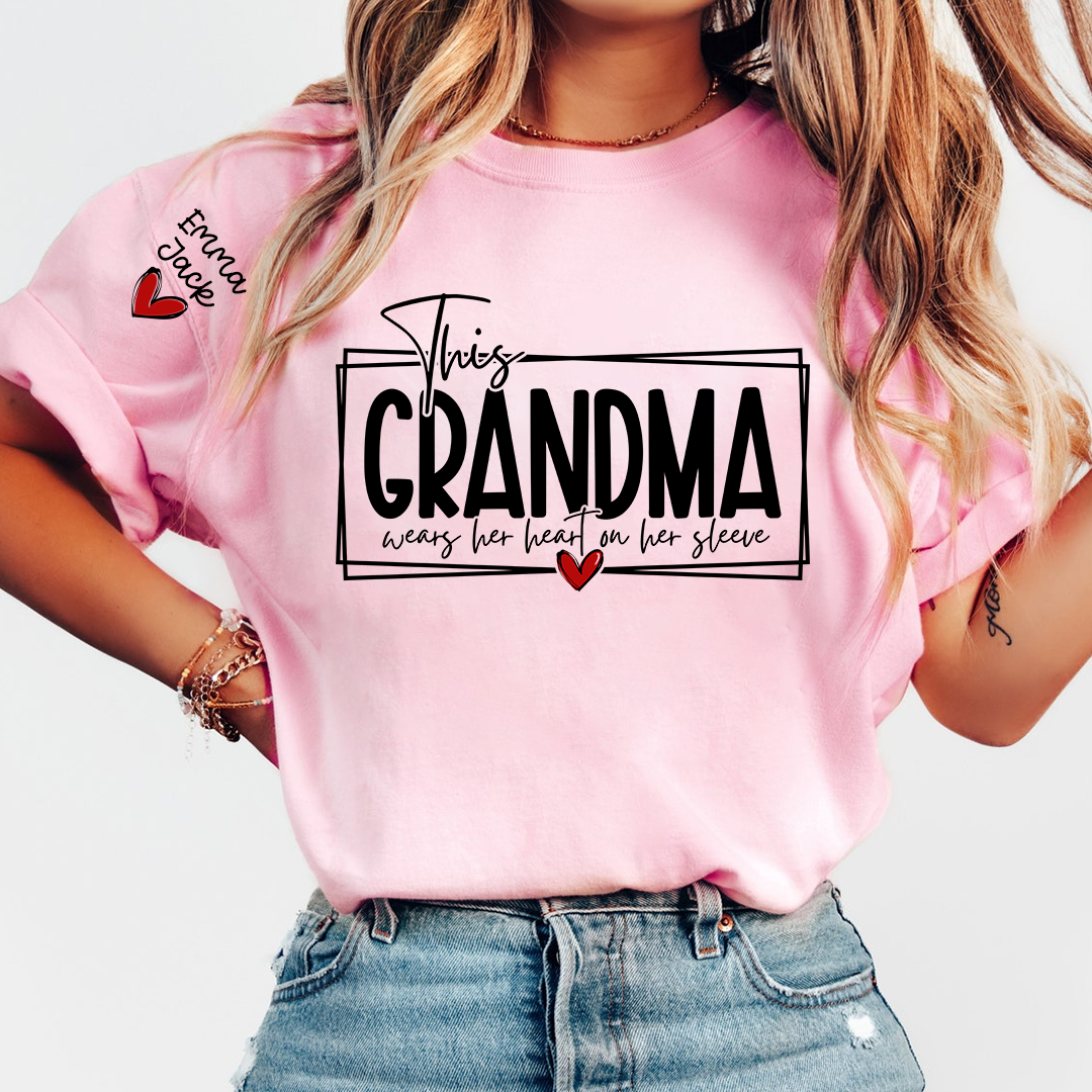 Custom Grandma Family Shirt, This Grandma Wears Her Heart Quote T Shirt