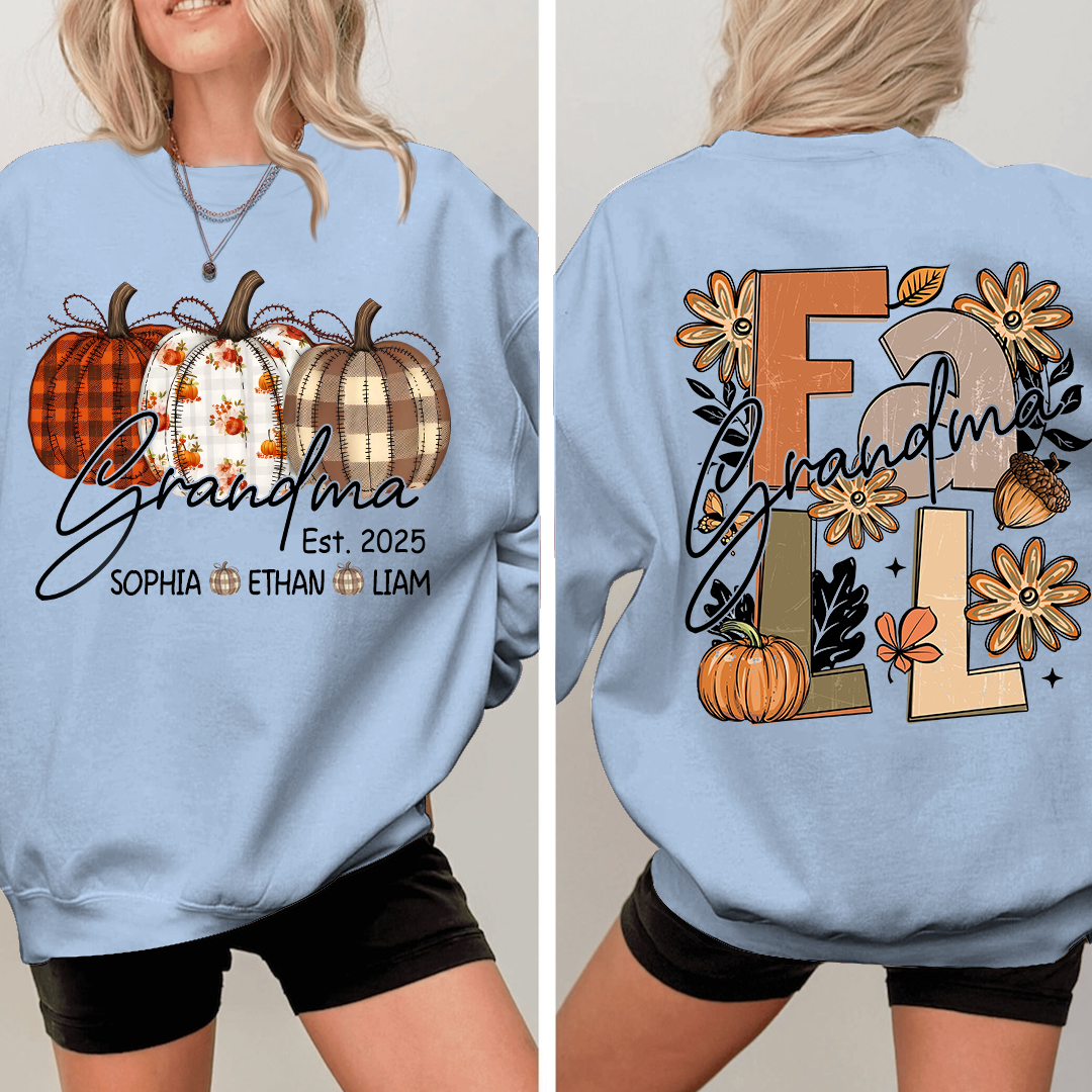 Grandma Autumn Sweatshirt, Pumpkin Floral Shirt with Custom Grandkids Names