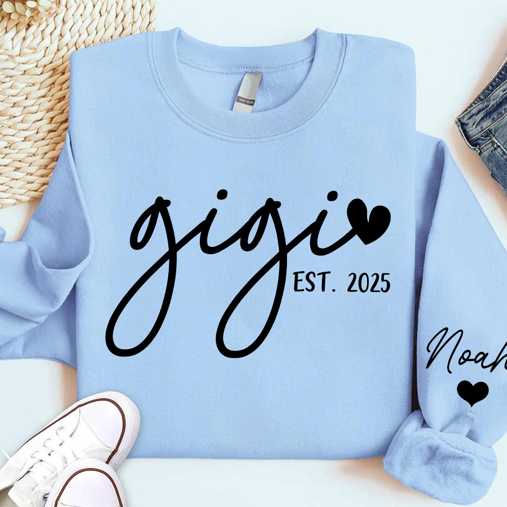 Personalized Gigi Sweatshirt, Custom Printed Name and Grandkids’ Names on Sleeve with Heart