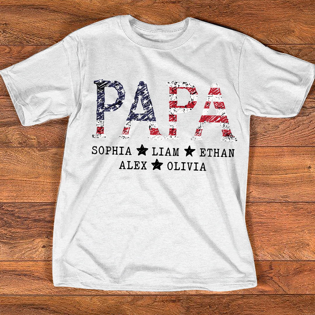 Personalized Papa 4th July Independence Day American Flag T-Shirt, Patriotic gift for grandpa And Kids