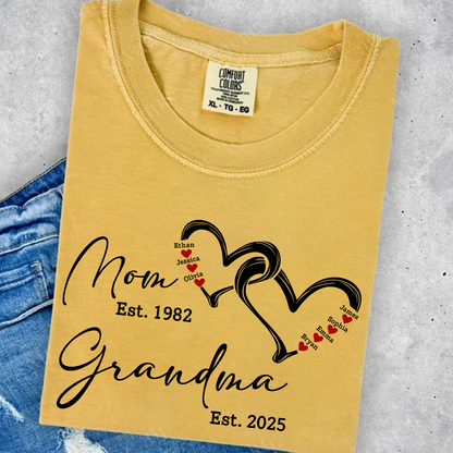 Custom Comfort Colors® Mom Est Grandma Est Hearts Kids Name