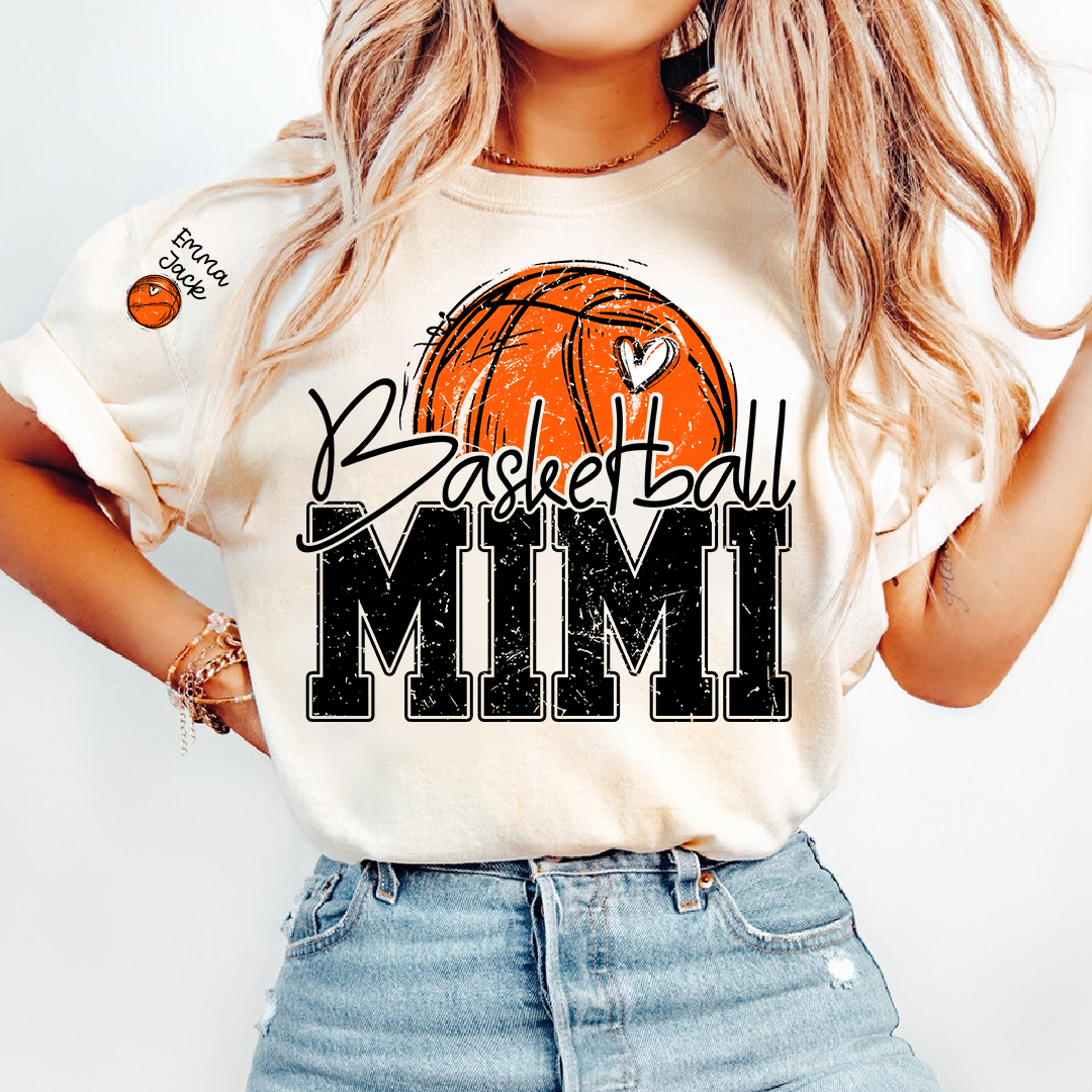 Custom Basketball Mimi Shirt with Heart and Ball Graphic, Personalized Family Names