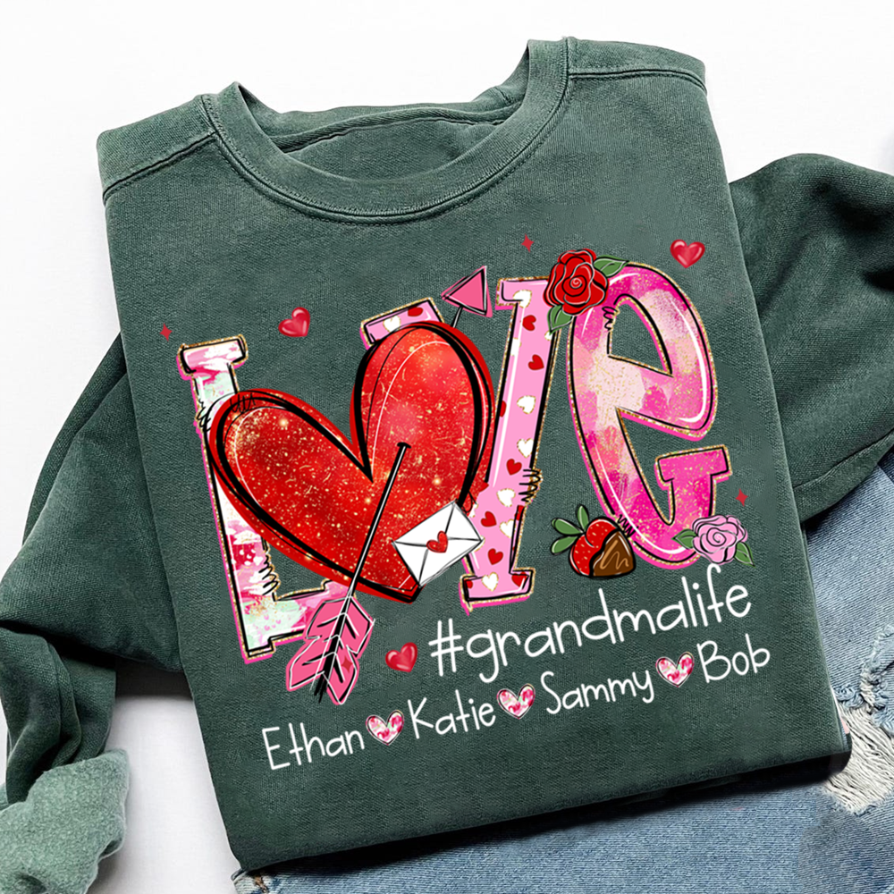 Custom Grandma Life Love Sweatshirt, Heart Patchwork Valentine Gift For Grandma And Kids