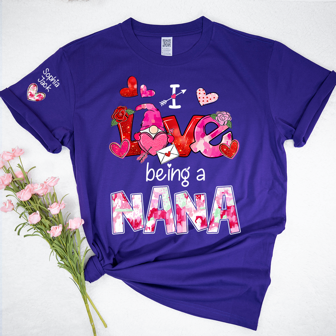 Personalized I Love Being A Nana Valentine T-shirt, Cute Bow and Strawberry Design for Grandma and Kids