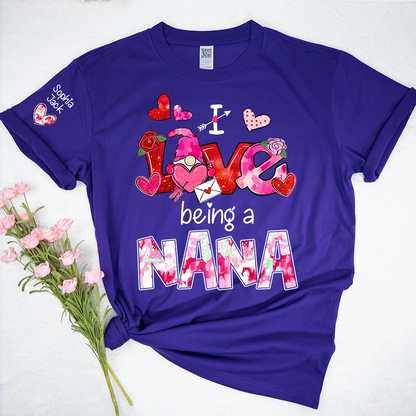 Personalized I Love Being A Nana Valentine T-shirt, Cute Bow and Strawberry Design for Grandma and Kids