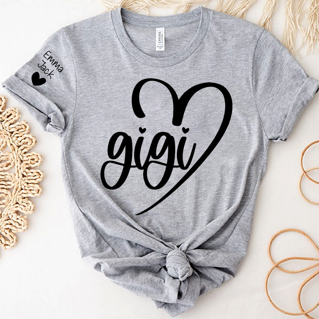 Personalized Gigi Shirt for Grandma, Custom Family T-Shirt with Heart Design and Custom Names