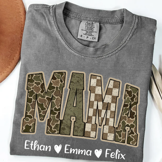 Personalized Camo Mama Shirt - Hunting Style Tee with Custom Kids Names