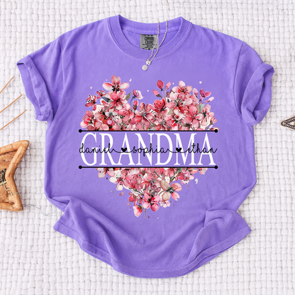 Comfort Colors Floral Heart Grandma Shirt, Custom Family Names and Heart Floral Design T Shirt
