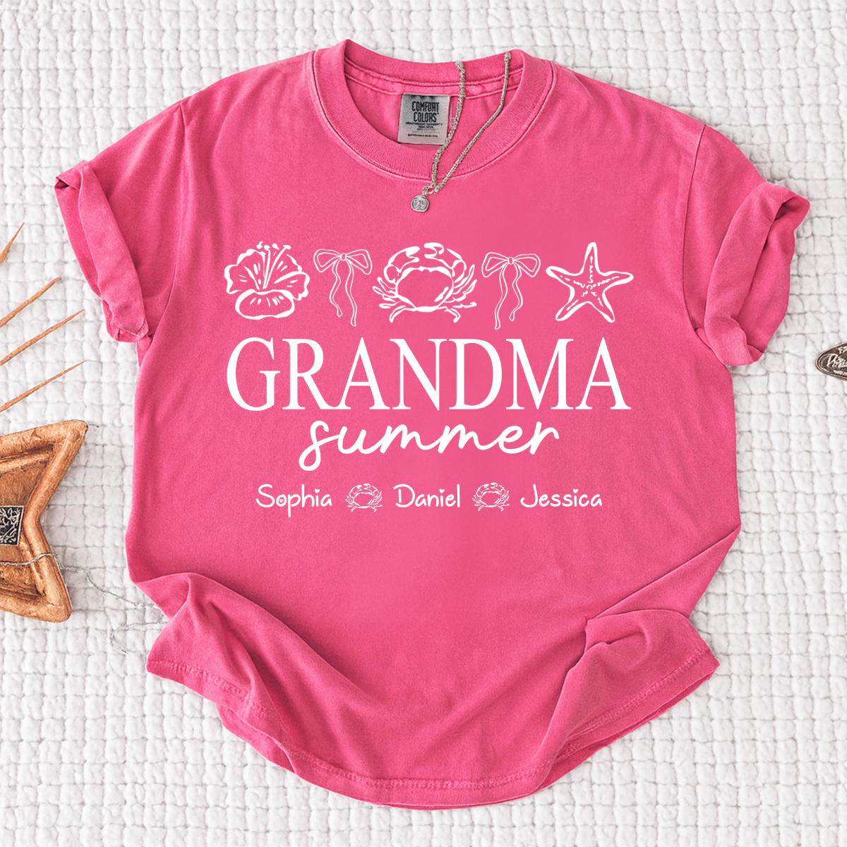Comfort Colors Grandma Summer Beach T-Shirt, Personalized Ocean Fish Graphic Tee, Custom Kids Names Coastal Grandma Apparel