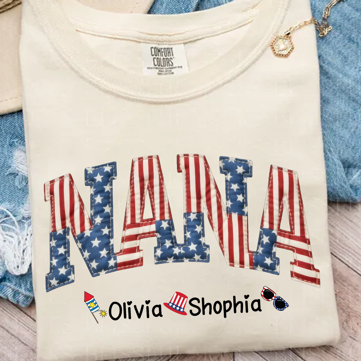 Comfort Colors Personalized Nana T-Shirt with American Flag Design – Custom 4th of July Gift for Nana with Grandkids Names