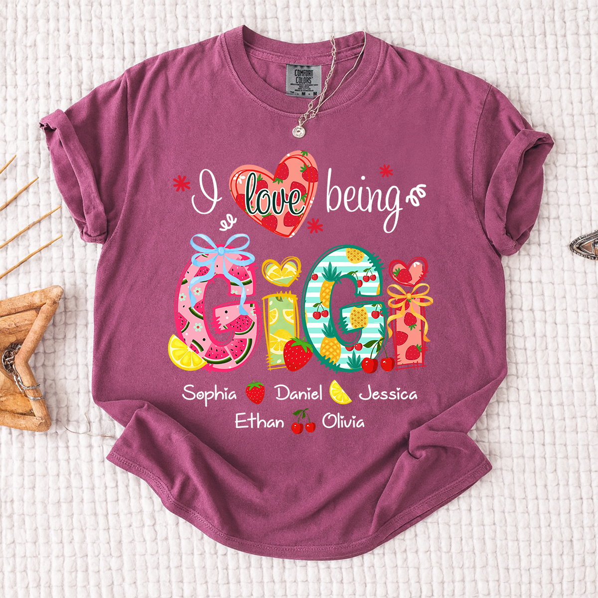 Comfort Colors I Love Being Gigi Shirt with Names, Personalized Fruit Pattern T-Shirt for Grandma, Summer Family Apparel