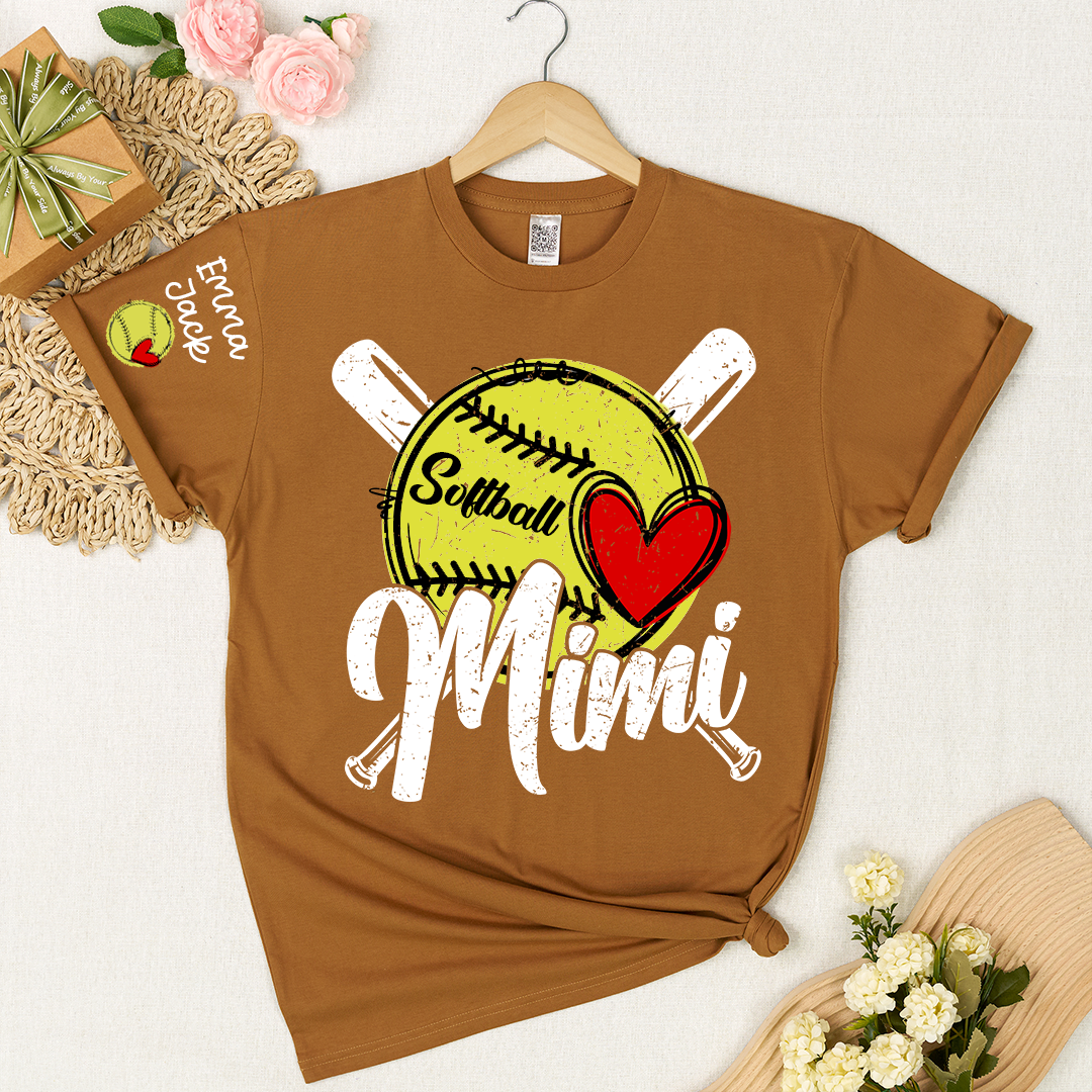 Mimi Softball Shirt with Heart Design, Personalized Family T Shirt with Custom Names
