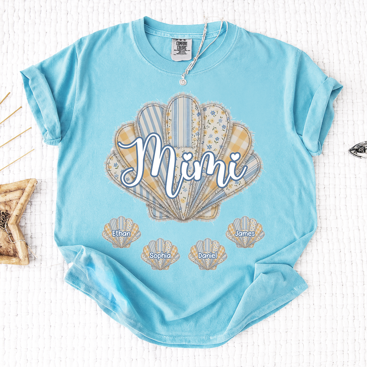 Comfort Colors Personalized Mimi Shirt with Grandkids Names, Custom Seashell Patchwork Graphic Tee, Beach Grandma Summer Family Shirt