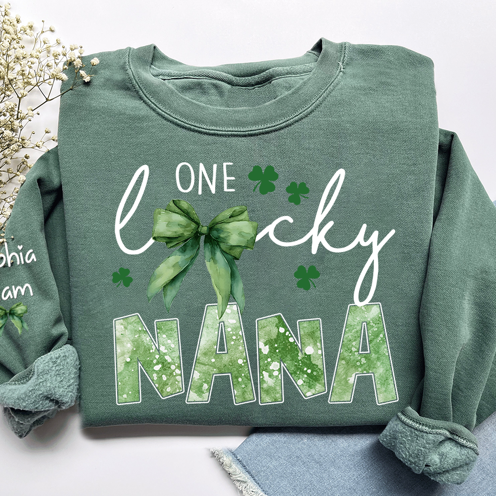 One Lucky Nana Sweatshirt for St Patrick’s Day, Personalized Grandma Shamrock Clover Sweatshirt with Kids Names