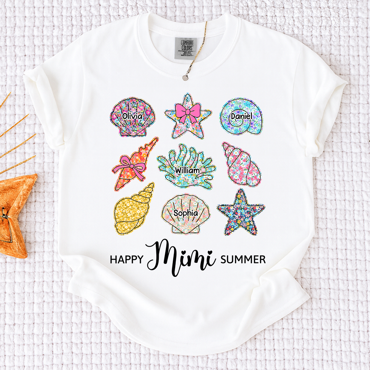 Comfort Colors Personalized Mimi Summer Beach Shirt with Grandkids Names, Custom Grandma Seashell Starfish T Shirt for Women