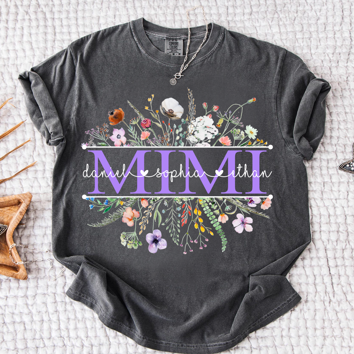 Comfort Colors Personalized Grandma Monogram Shirt, Custom Family Names Floral T-Shirt