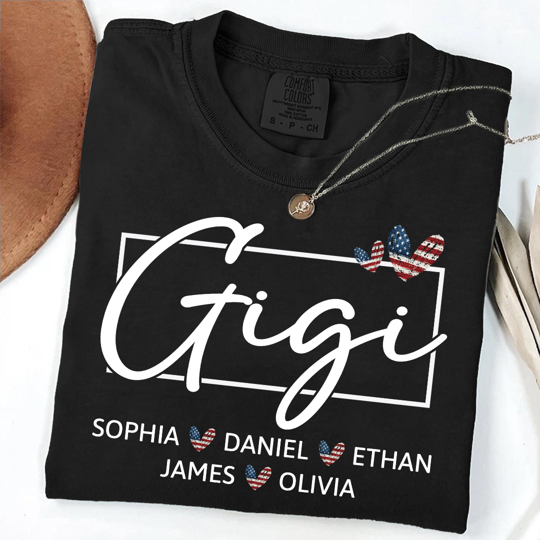 Comfort Colors Personalized Gigi Shirt with Children Names USA Flag Heart Graphic Custom Grandma Tee Stylish Script Design Family Gift Shirt