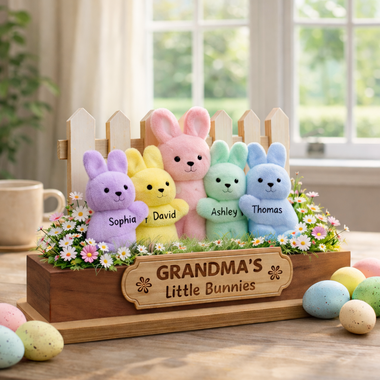 Personalized Easter Wooden Plaque - "Grandma's Little Bunnies" with Custom Grandkids' Names, Plush Bunny and Floral Design