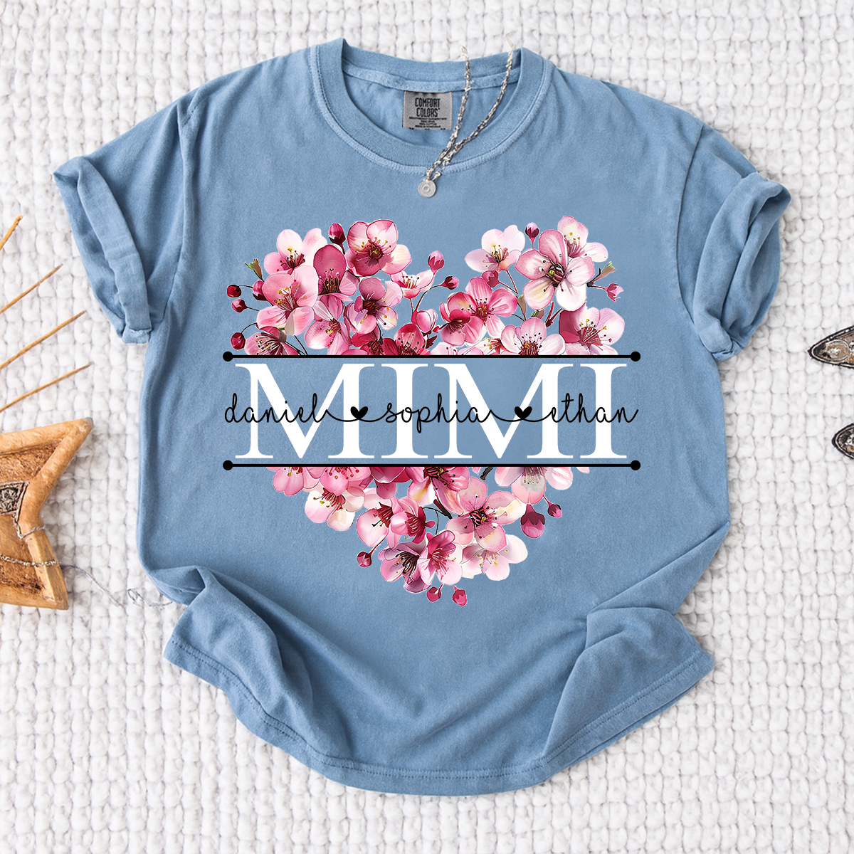 Comfort Mimi Floral Heart Shirt, Custom Family Names Pink Flower Design T Shirt