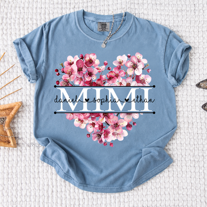 Comfort Mimi Floral Heart Shirt, Custom Family Names Pink Flower Design T Shirt
