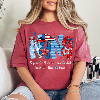 Custom Nana 4th July Independence Day American Flag T-Shirt For Grandma, Personalized Gift For Grandma And Kids