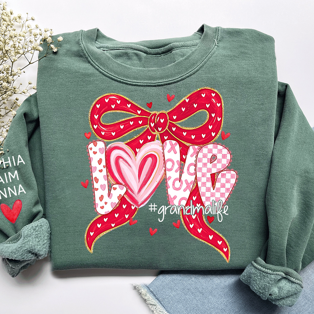 Custom Grandma Life Love Sweatshirt, Heart Bow Valentine Gift
