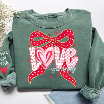 Custom Grandma Life Love Sweatshirt, Heart Bow Valentine Gift