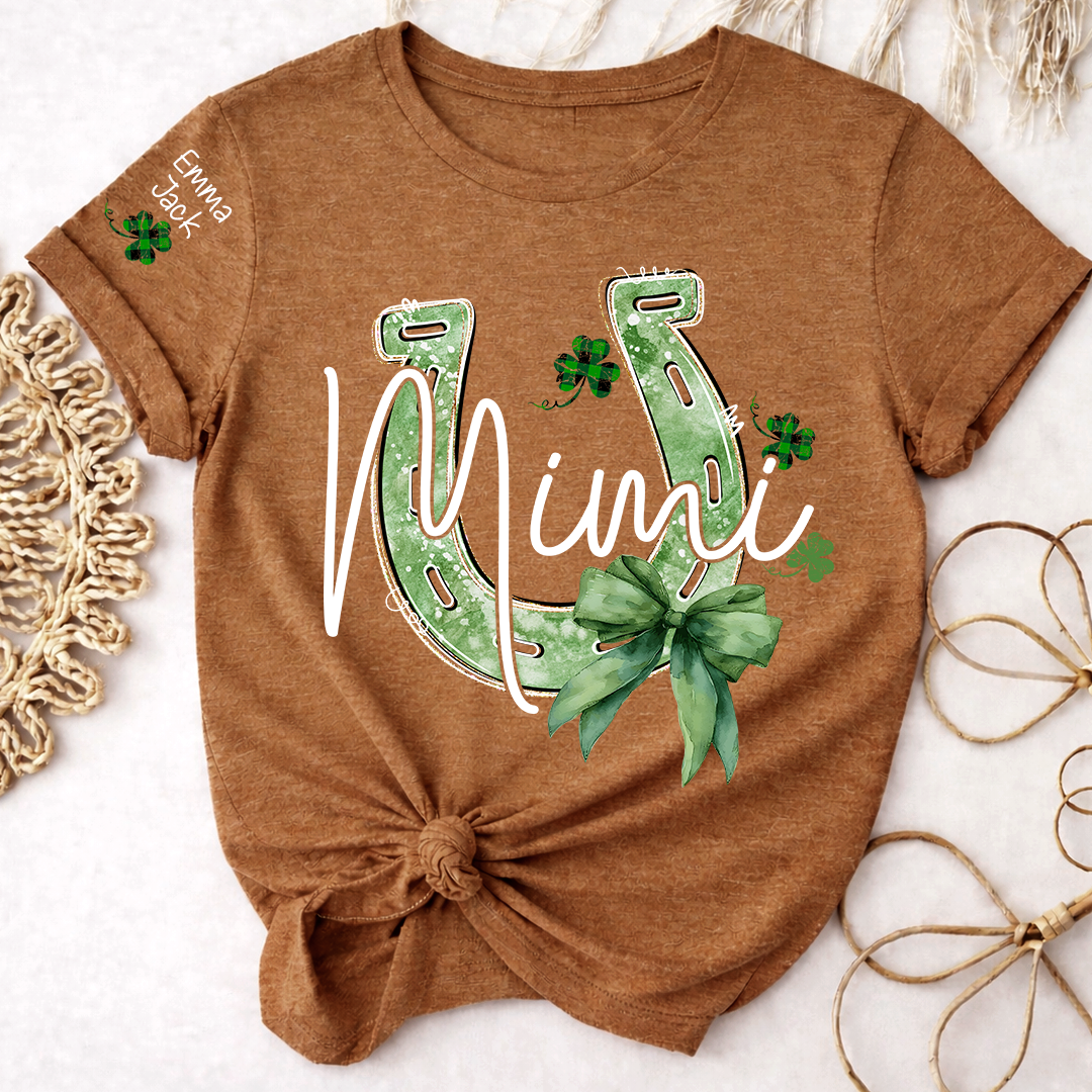 Mimi St Patrick’s Day Shirt, Lucky Horseshoe Shamrock Family T Shirt, With Grandma And Kids Names