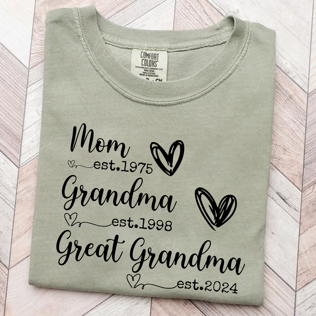Personalized Grandma Shirt Mom Grandma Great Grandma Est Year Design, Custom Family Generation Shirt With Names or Years, Meaningful Family Keepsake Apparel for Women