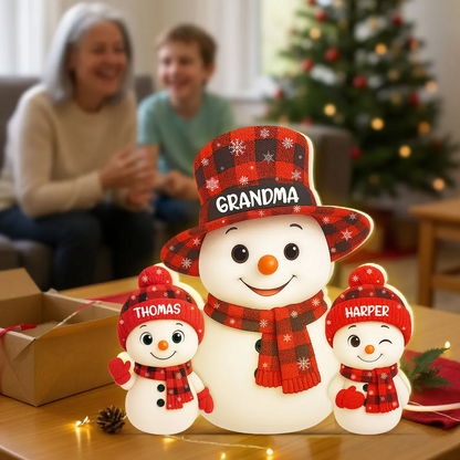 Christmas Checkered Pattern Grandma Grandkids Snowman Together - Personalized Light - Gift For Grandmas Light Box