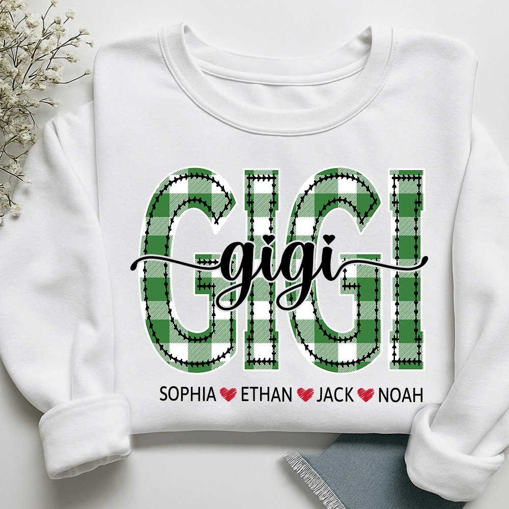 Personalized Gigi Sweatshirt, Custom Green Plaid Letters Shirt with Grandkids Names
