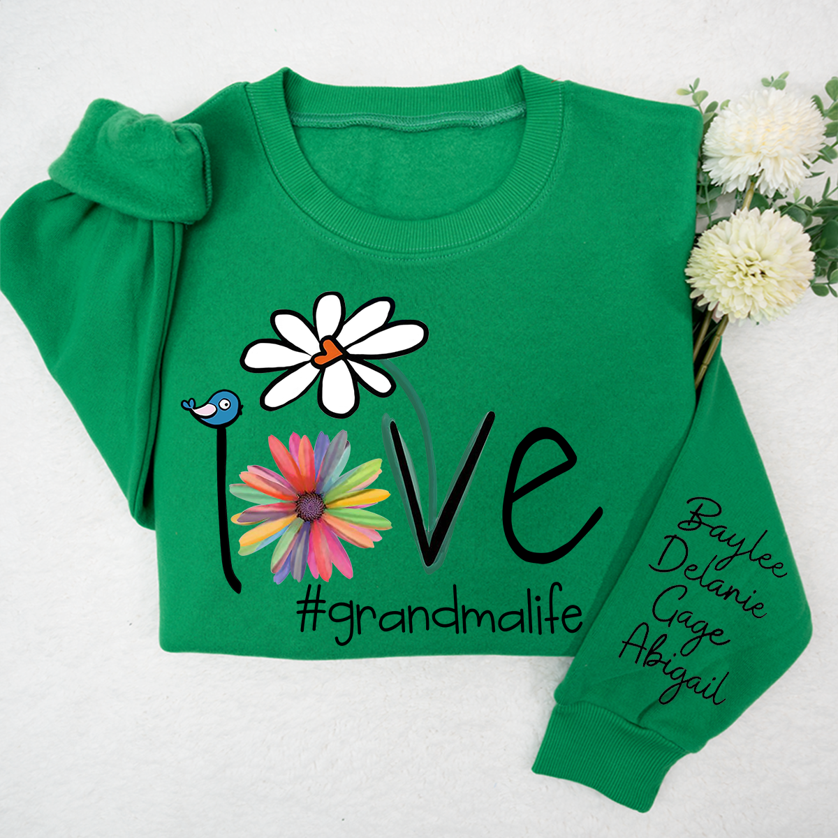 Flower Love Grandma Life Sweatshirt, Custom Nickname And Grandkids Xmas Sweatshirt