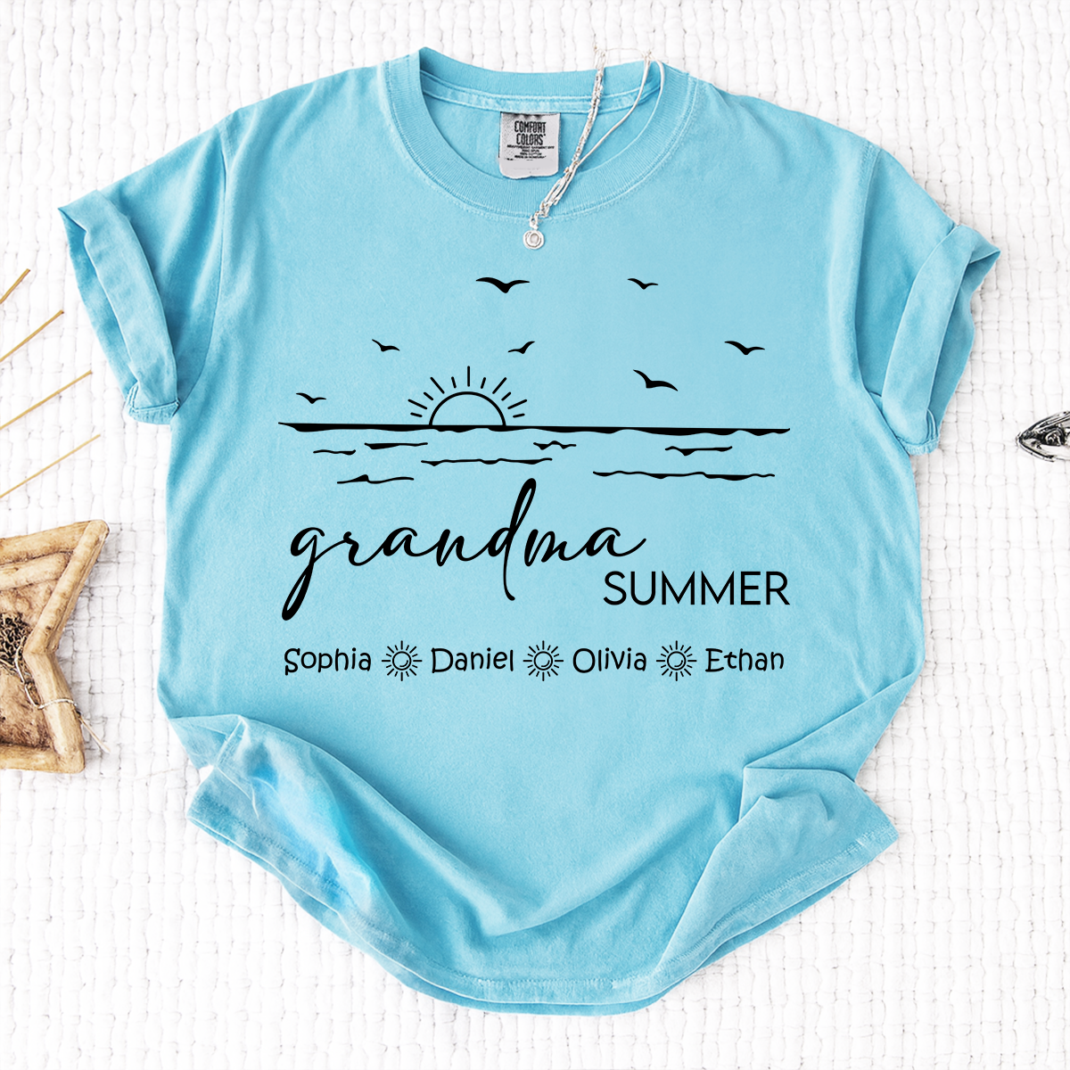 Comfort Colors Custom Name Grandma Shirt, Summer Beach Vacation Tee with Grandkids Names, Ocean Inspired Apparel for Grandma
