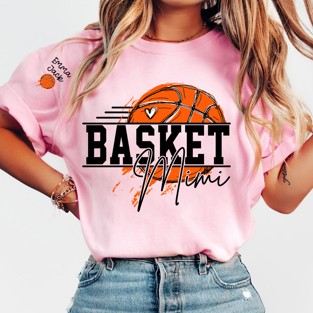 Basketball Mimi Shirt, Custom Grandkids Names with Basketball Hoop Design Family Tee