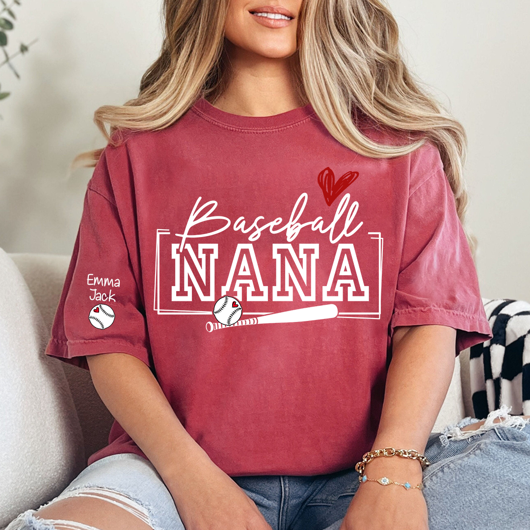 Proud Baseball Nana T Shirt, Personalized Family Sports Shirt with Bat and Heart Design
