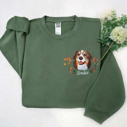 Custom Dog Portrait Embroidered Sweatshirt, Personalized Pet Face and Pet name Sweatshirt